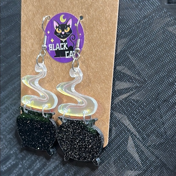Handmade Glittery Black Witches Cauldron Earrings Spooky Cute Halloween Fall NWT - Picture 3 of 5